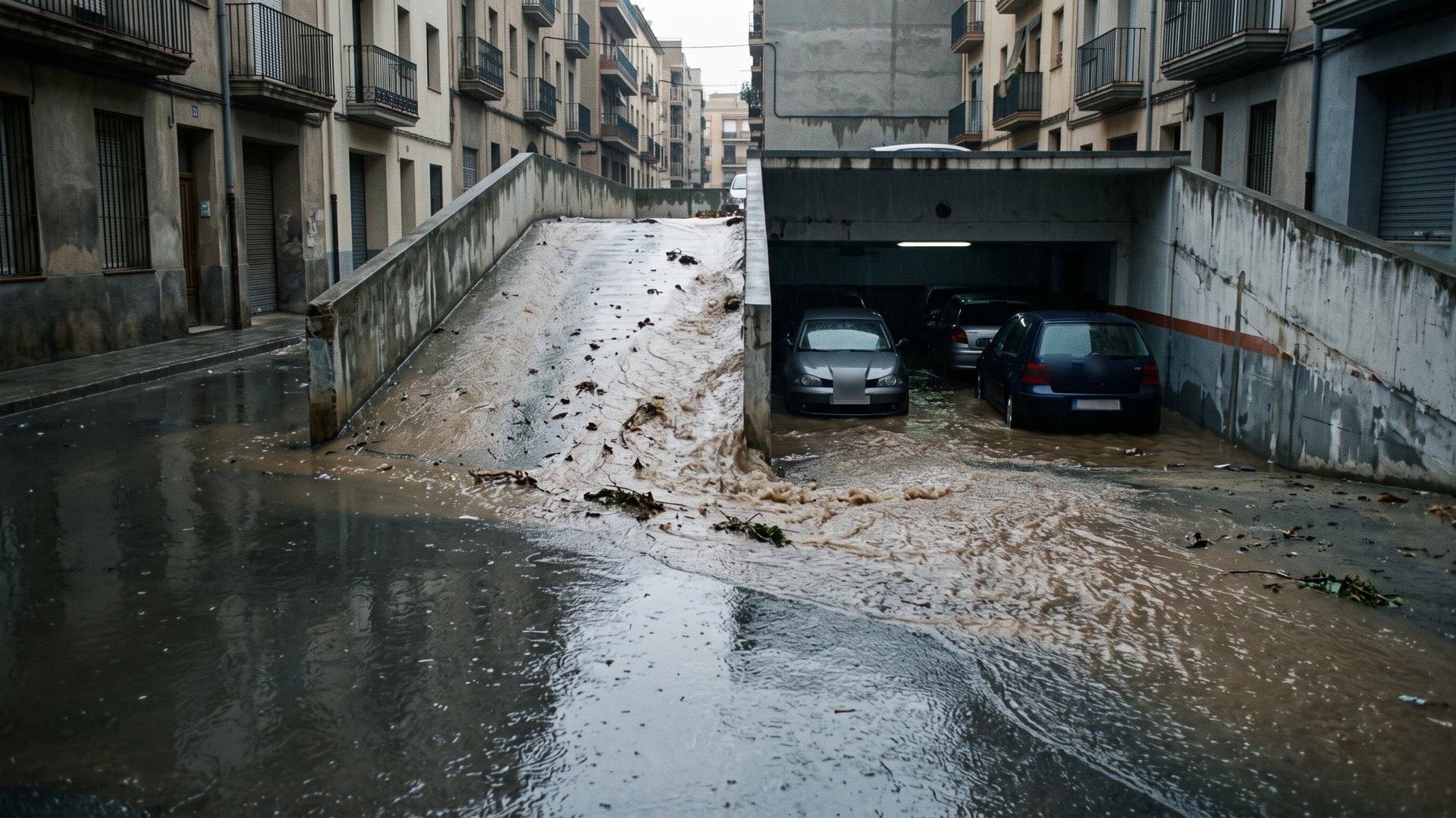 Rampa de un garaje en Valencia convertida en un río de barro durante una lluvia torrencial
