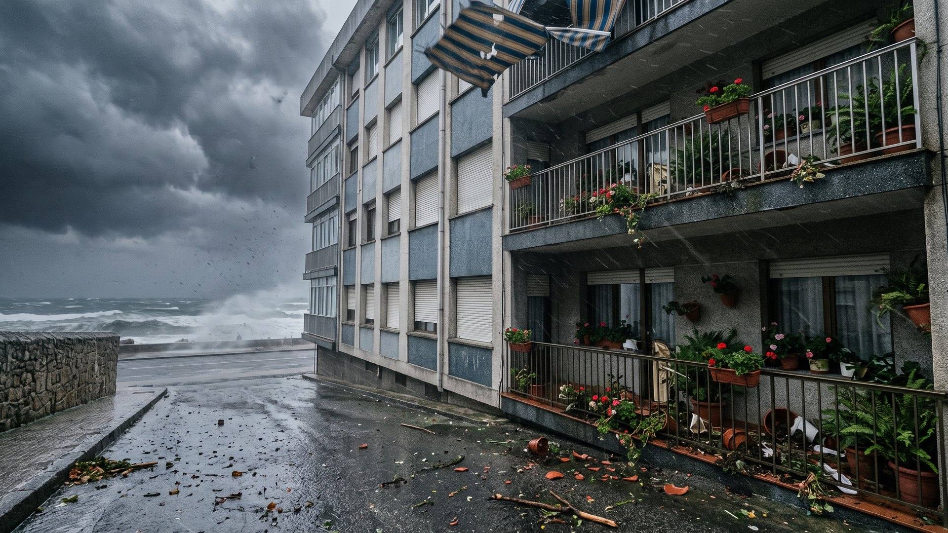 Fachadas de A Coruña con macetas y toldos dañados por un temporal de viento junto al mar